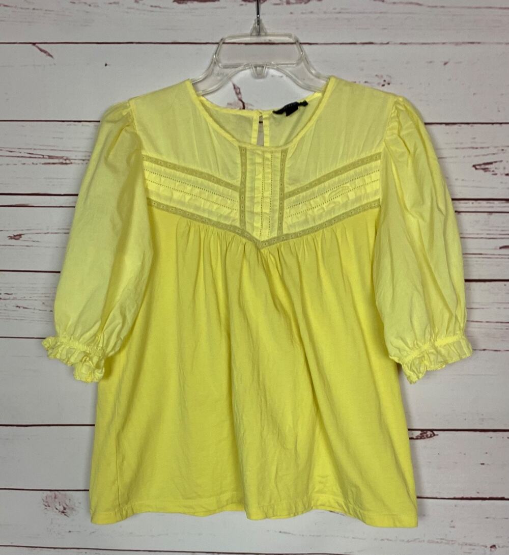J. Crew Women's M Medium Yellow Lace Puff Short Sleeve Preppy Cotton Top Blouse
